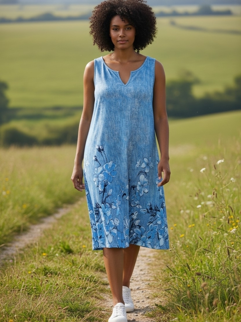 Womens Sleeveless Comfy Casual Blue Floral Midi Dress Size XXL Subtle V Neck